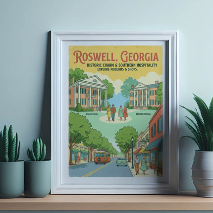 Poster for Roswell, Georgia featuring historic buildings, shops, and text.