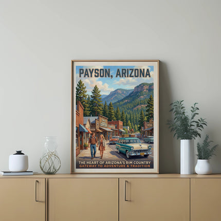 Payson, Arizona vintage travel poster showing a couple walking past shops and cars.