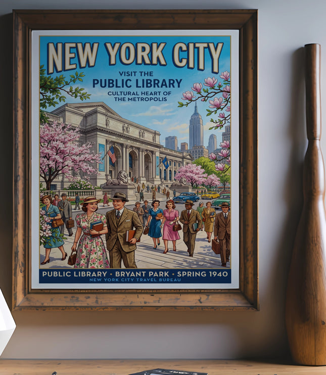 New York City Public Library poster, Bryant Park, Spring 1940, with cherry blossoms.
