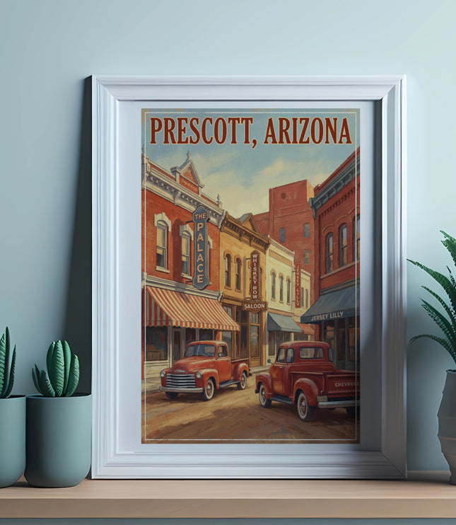 Prescott, Arizona vintage poster with red trucks and historic buildings.