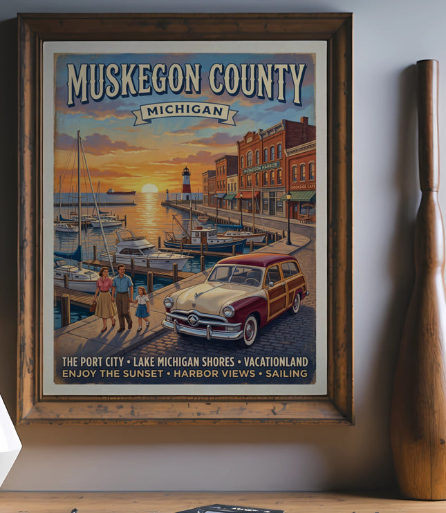 Muskegon County Michigan framed vintage travel poster with harbor scene and family.