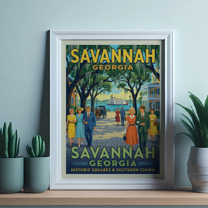 Savannah Georgia retro travel poster with couple and steamboat.