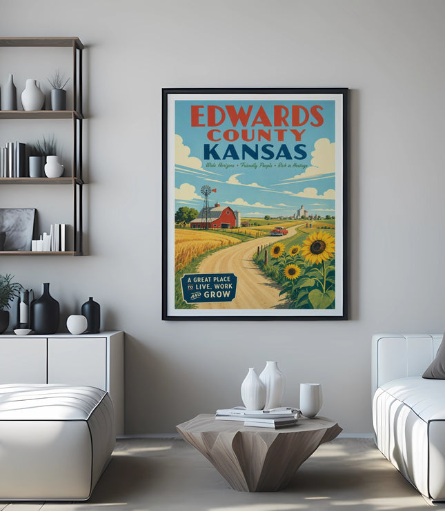 Edwards County Kansas poster with farm scene and text.