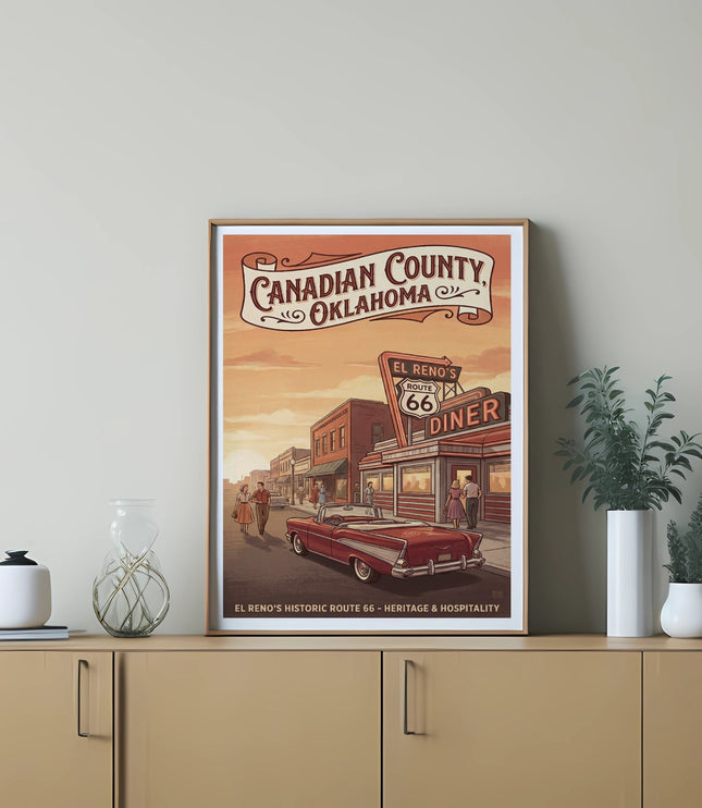 Poster of Canadian County, Oklahoma, featuring El Reno's Route 66 Diner and a classic car.