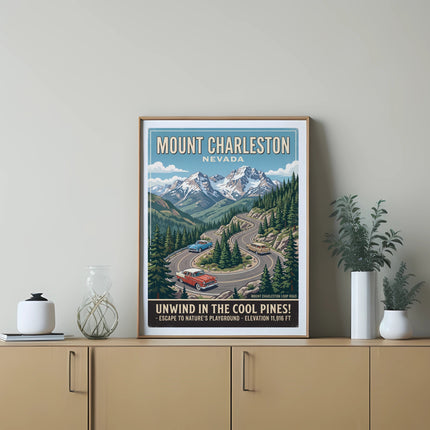 Mount Charleston, Nevada vintage travel poster with scenic mountains and road.