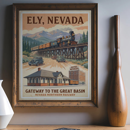 Ely, Nevada travel poster with train, cars, and buildings.