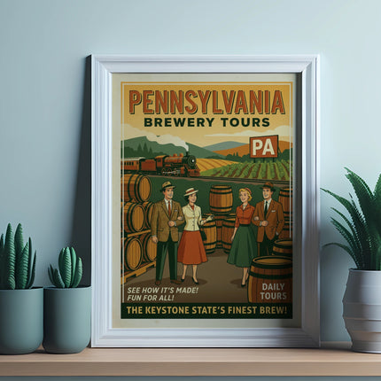 Pennsylvania Brewery Tours poster with train and people, promoting Keystone State brews.