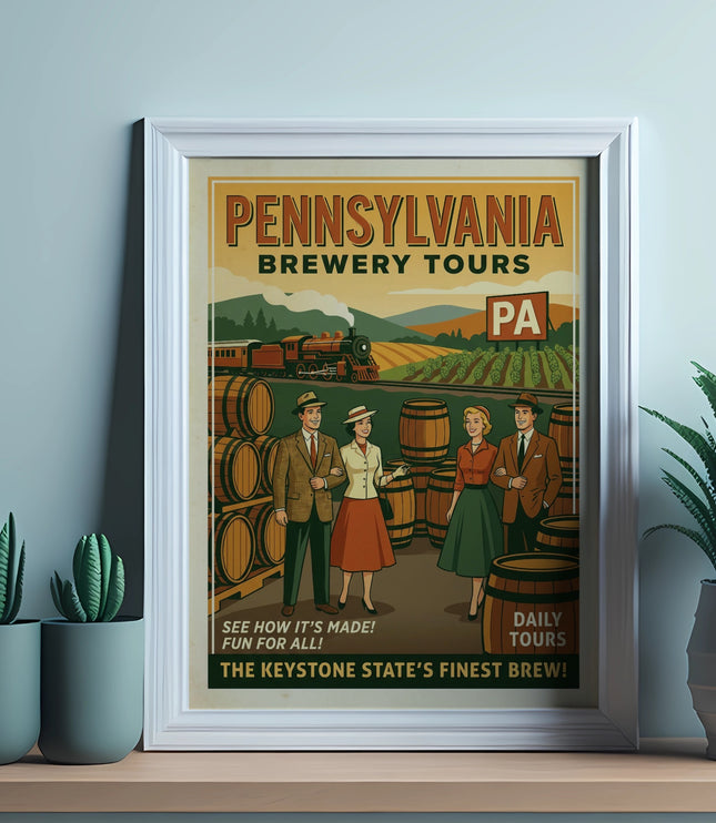 Pennsylvania Brewery Tours poster with train and people, promoting Keystone State brews.