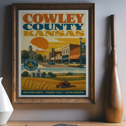 Cowley County, Kansas vintage travel poster with farm and town scenes.