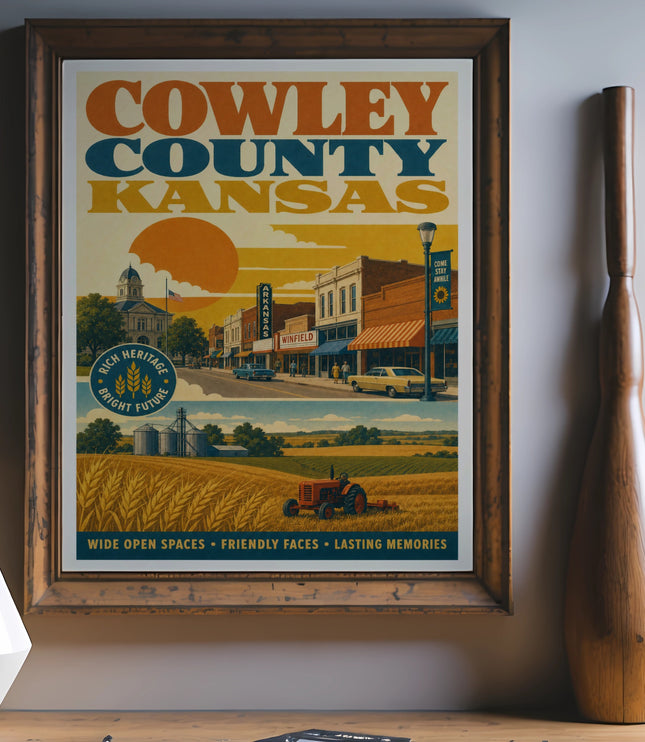 Cowley County, Kansas vintage travel poster with farm and town scenes.