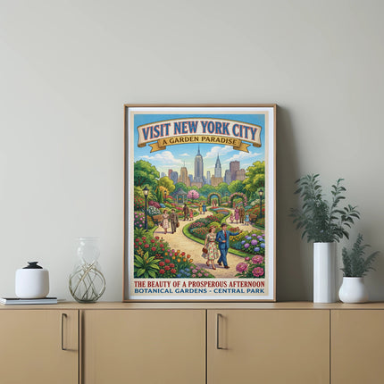 New York City Botanical Gardens Central Park travel poster with city skyline.