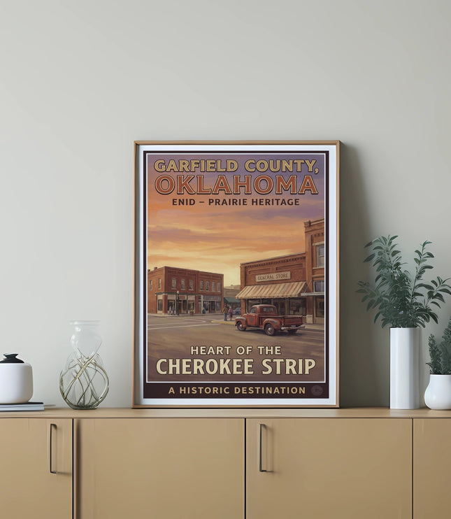 Poster with Garfield County, Oklahoma and a vintage truck in a historic town.