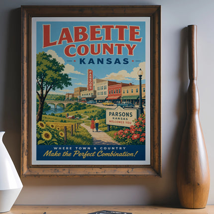 Labette County, Kansas poster featuring Parsons, "Where Town & Country Make the Perfect Combination!"