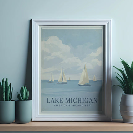 Framed "Lake Michigan: America's Inland Sea" vintage travel poster with sailboats.