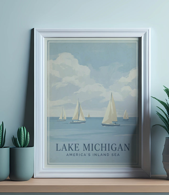Framed "Lake Michigan: America's Inland Sea" vintage travel poster with sailboats.