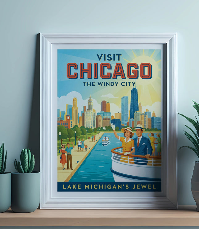 Visit Chicago the Windy City poster features skyscrapers, a lakefront promenade, and a cruise ship.