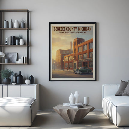 Genesee County, Michigan poster with General Motors Institute building and vintage car.