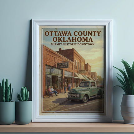Framed print of Ottawa County, Oklahoma, Miami's Historic Downtown with vintage truck.