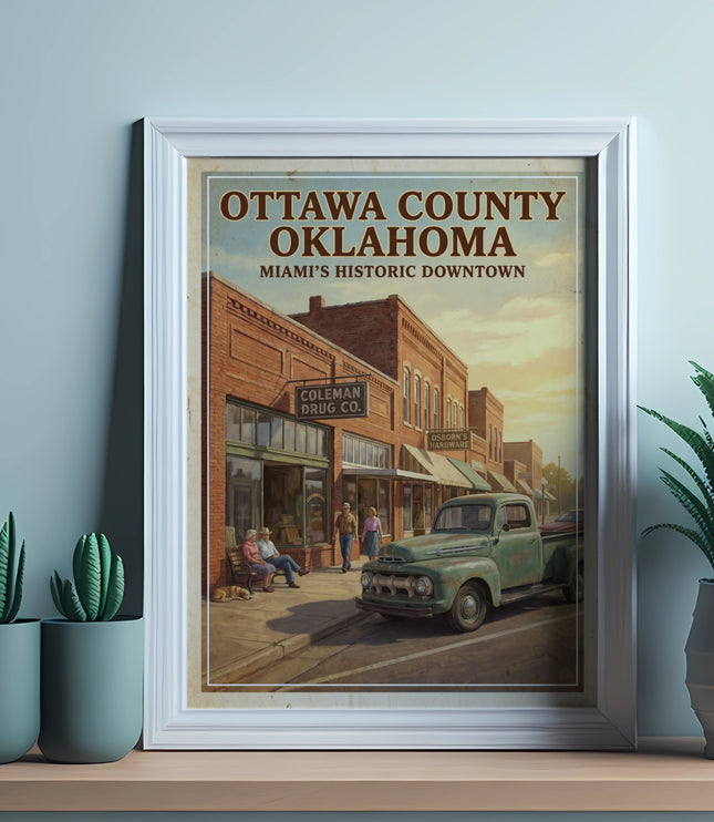 Framed print of Ottawa County, Oklahoma, Miami's Historic Downtown with vintage truck.