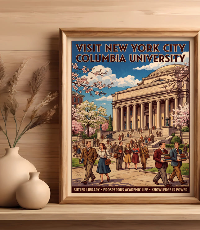 Vintage poster of Columbia University with people on stairs, text: Butler Library, Knowledge is Power.