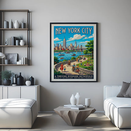 New York City vintage travel poster with buildings, parks, and river.