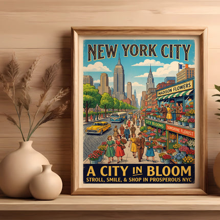 New York City vintage poster with "A City in Bloom" text and floral shops.