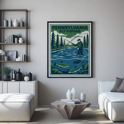 Pennsylvania Fly Fishing poster with trout and pine trees above sofa.