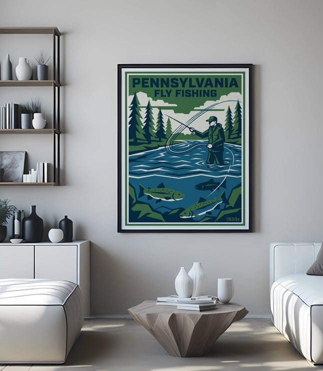 Pennsylvania Fly Fishing poster with trout and pine trees above sofa.