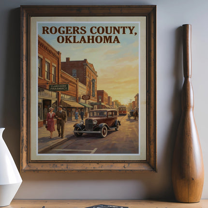 Vintage poster of Rogers County, Oklahoma, featuring a 1930s street scene.