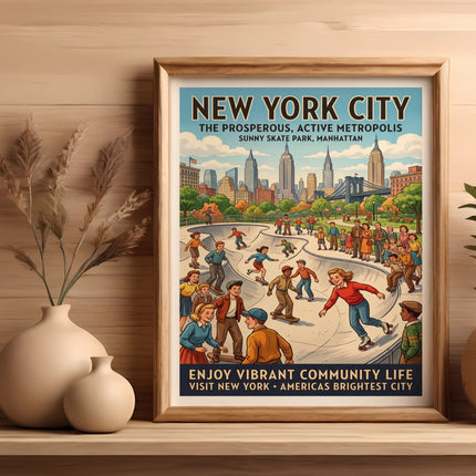 New York City skate park poster with people rollerblading.