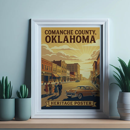 Comanche County, Oklahoma heritage poster with vintage car and town scene.