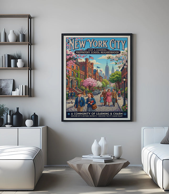 New York City poster with vintage illustration of school, people, and city skyline.