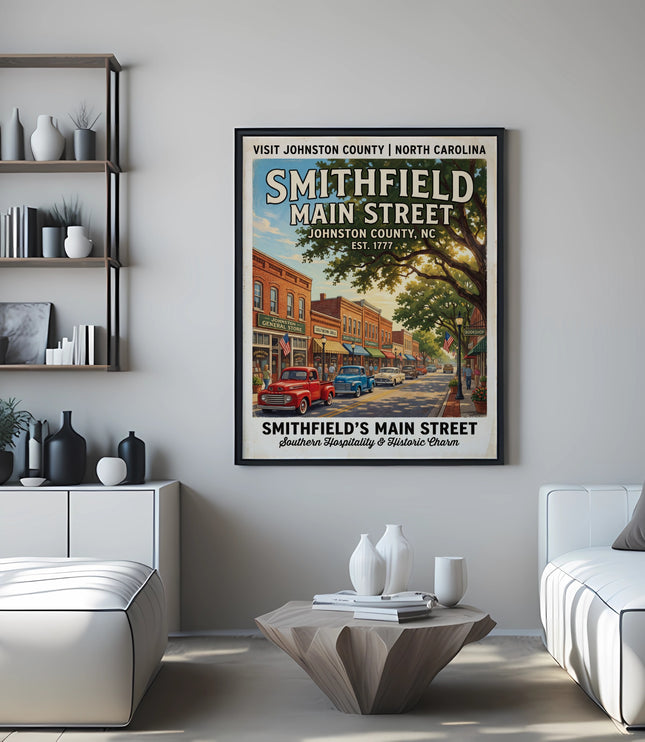 Smithfield Main Street vintage travel poster with red and blue trucks.