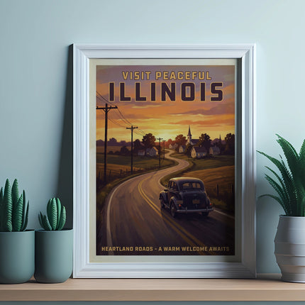 Vintage "Visit Peaceful Illinois" poster with car on scenic road.