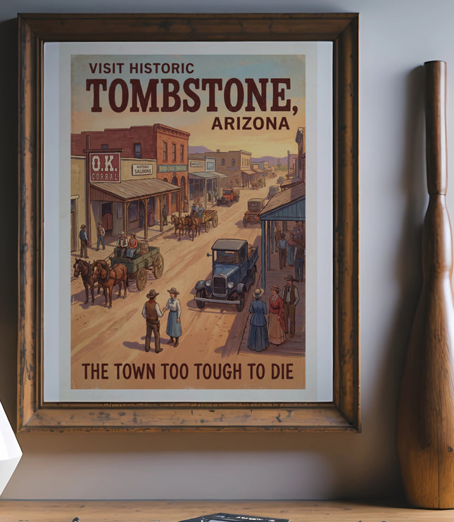 Vintage Tombstone Arizona poster featuring O.K. Corral and town scene.