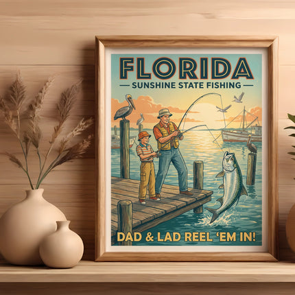 Framed "Florida Sunshine State Fishing" print with dad and son fishing.