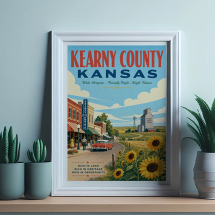 Kearny County, Kansas travel poster with vintage scene and text.