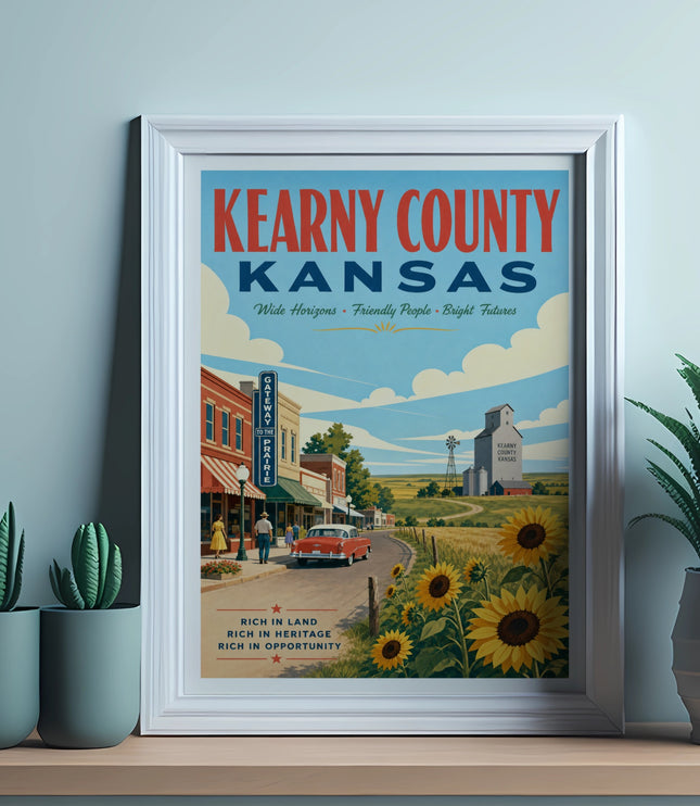 Kearny County, Kansas travel poster with vintage scene and text.