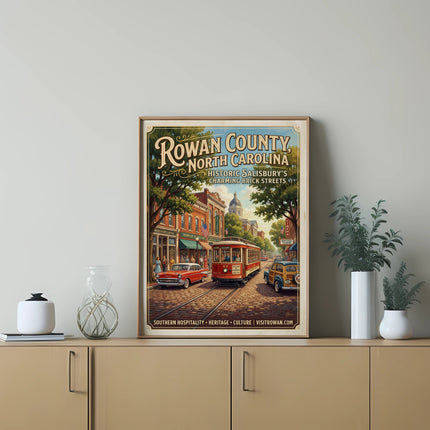 Vintage travel poster of Rowan County, North Carolina, featuring a street scene with a trolley and classic car.