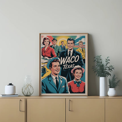Vintage poster with "Waco Texas" text featuring smiling people in retro attire.