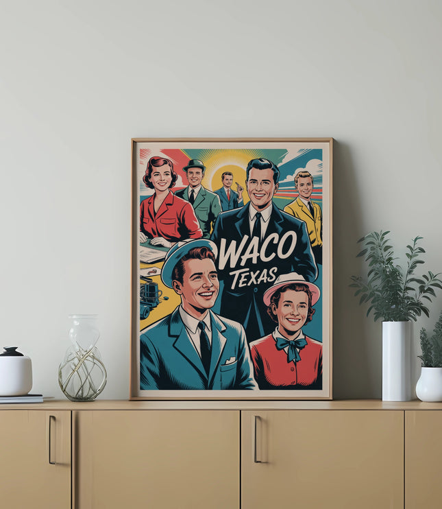 Vintage poster with "Waco Texas" text featuring smiling people in retro attire.