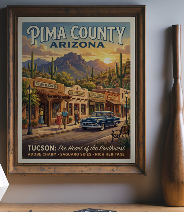Pima County Arizona poster featuring vintage shops, a classic car, and desert landscape.
