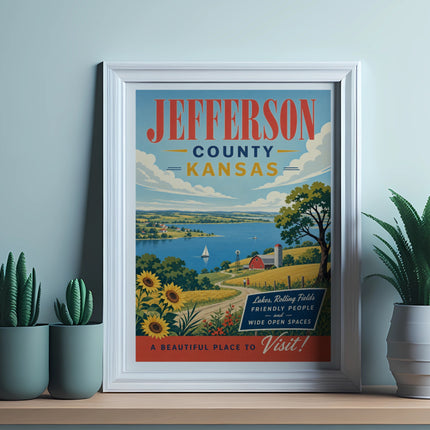 Jefferson County Kansas poster with text about lakes, fields, and friendly people.