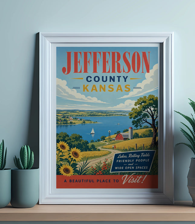 Jefferson County Kansas poster with text about lakes, fields, and friendly people.