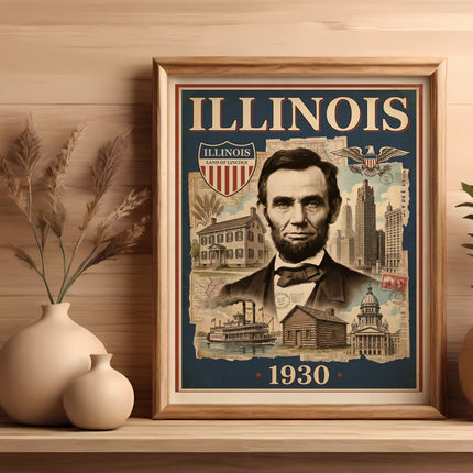 Framed Illinois poster with Abraham Lincoln, historic buildings, and "1930".
