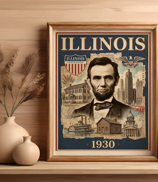 Framed Illinois poster with Abraham Lincoln, historic buildings, and "1930".