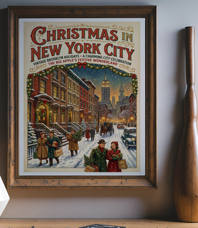 Christmas in New York City poster featuring people and buildings in snow.