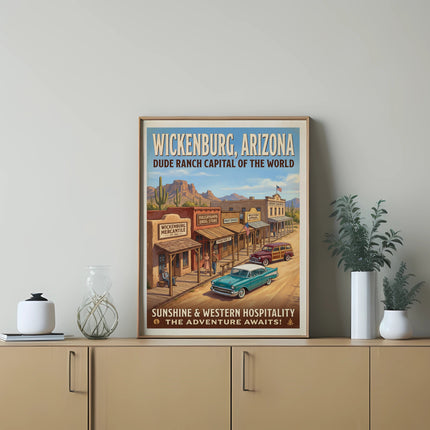 Vintage poster of Wickenburg, Arizona dude ranch scene with cars and buildings.