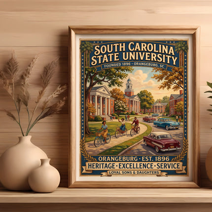 South Carolina State University vintage poster with campus scene and text.