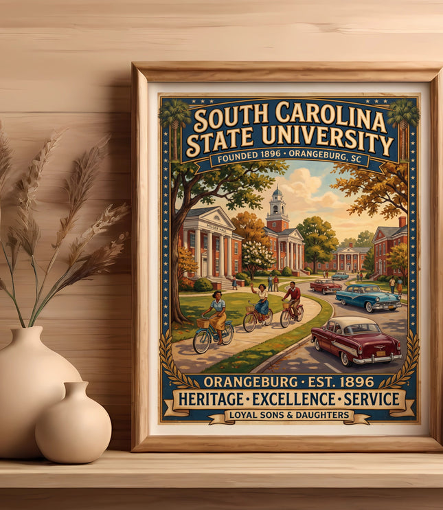 South Carolina State University vintage poster with campus scene and text.